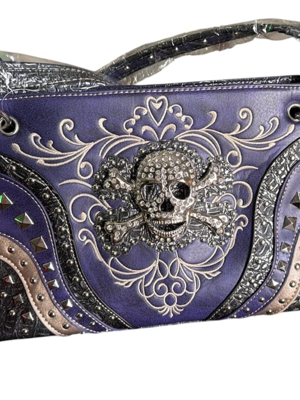 Embellished Purple Skull Shoulder Bag with Rhinestone Accent